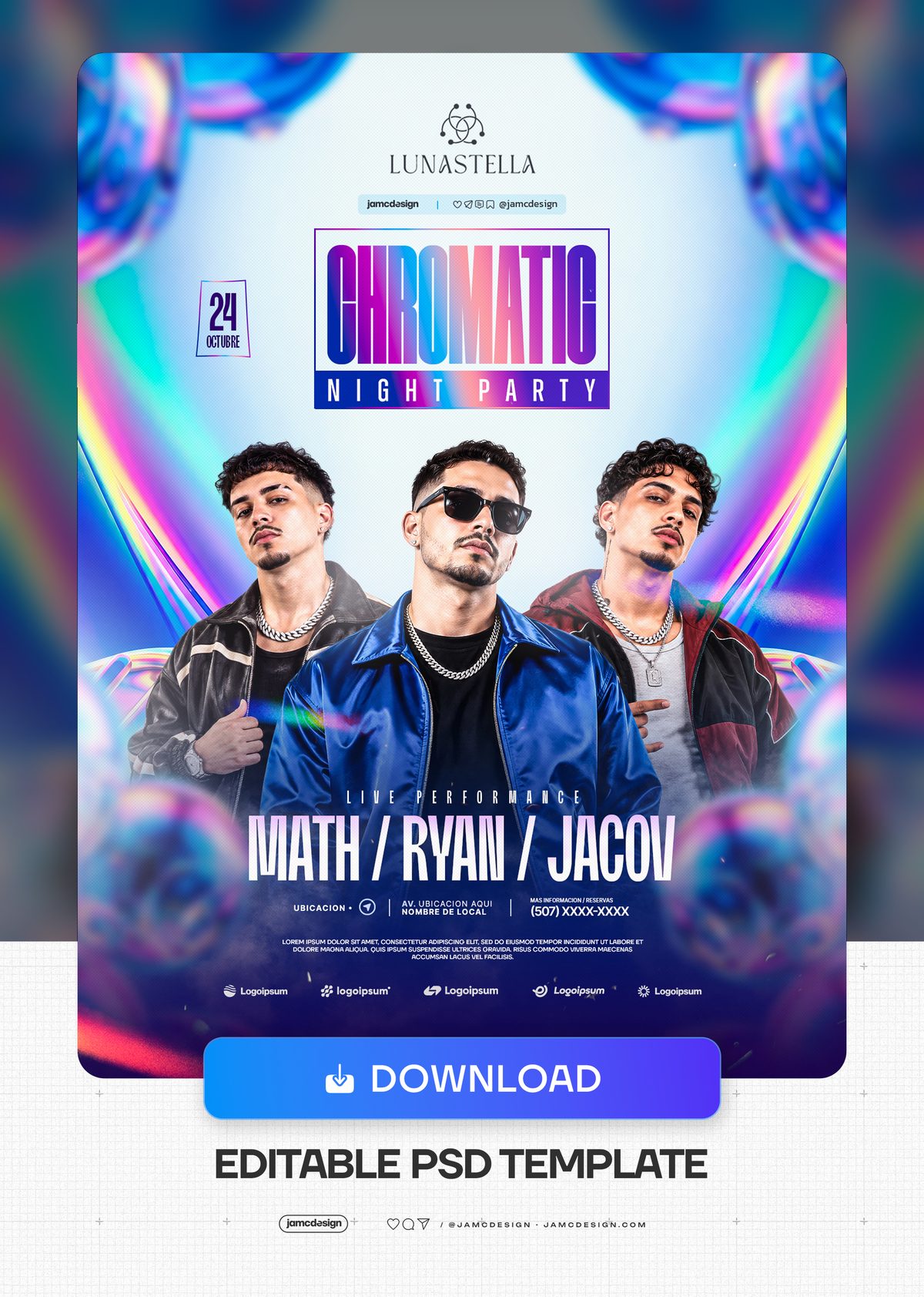 Iridescent Night Party Flyer Template PSD. Download this editable PSD event flyer template featuring three male models beneath bold condensed lettering — Additional preview