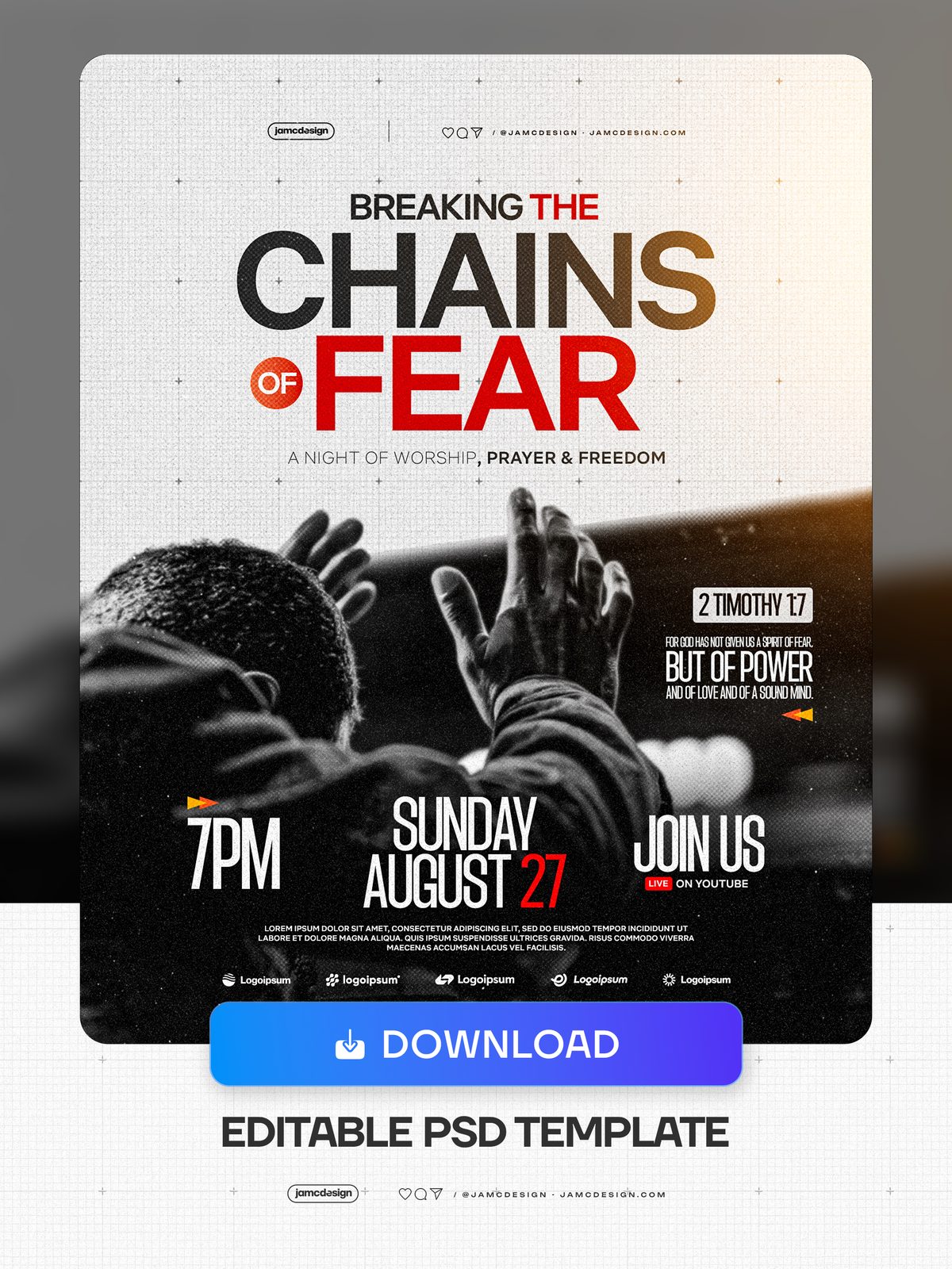 Modern Christian Church Worship Flyer Template PSD Editable. Editable PSD template for a Christian worship event flyer — Additional preview