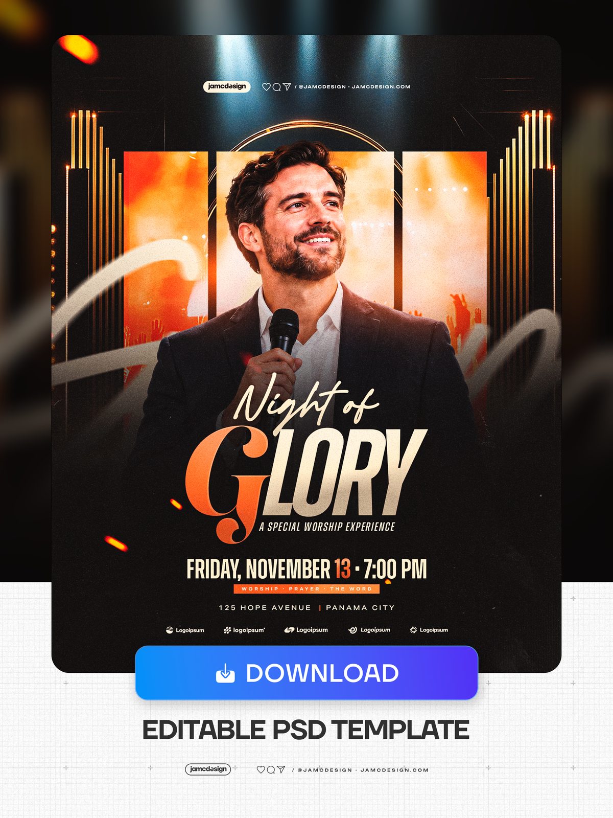 Night Of Glory Worship Flyer Template PSD. This PSD event flyer features a man holding a microphone amid glowing orange panels and a dark — Additional preview