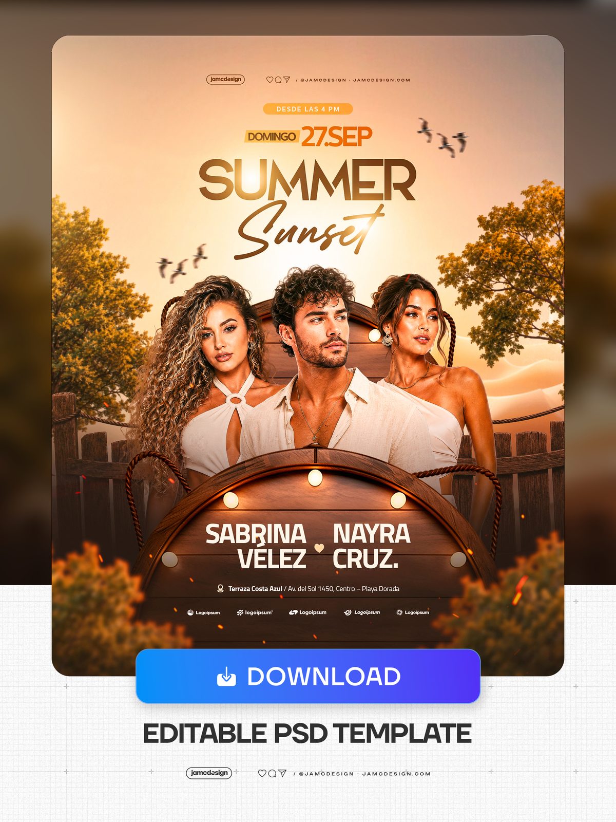 Summer Sunset Flyer Template With Wooden Sign PSD. Download this editable PSD event flyer featuring three figures beneath bold summer lettering — Additional preview