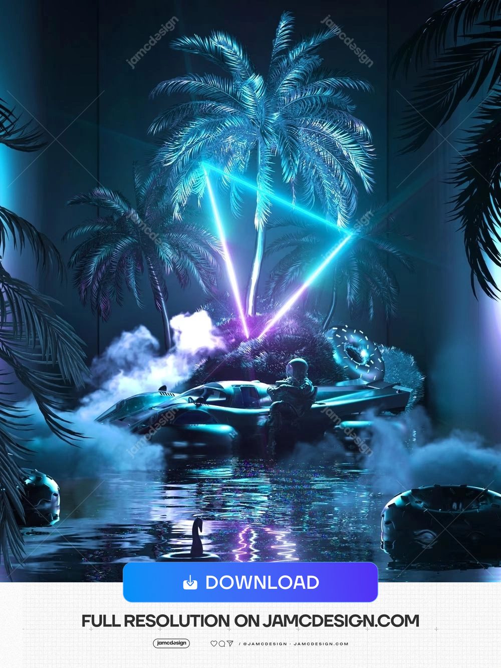 Futuristic Neon Palm Trees Sci-Fi Background. Sci-fi JPG background of a futuristic scene with blue-lit palm trees — Additional preview