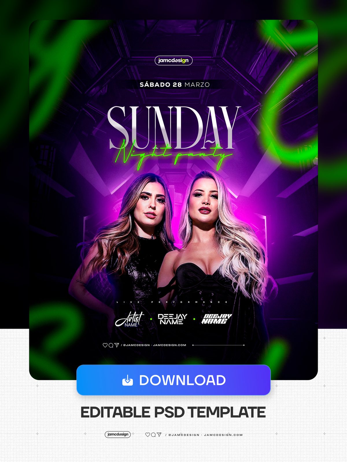 Sunday Party Flyer Template PSD Editable. Editable PSD template for a Sunday nightlife event flyer, with a dark purple geometric composition — Additional preview