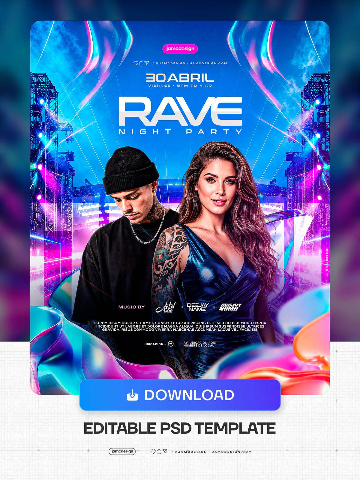 Rave Party Social Media Flyer Design Template PSD Editable. Editable PSD template for a rave night party social media flyer with a dark composition — Additional preview
