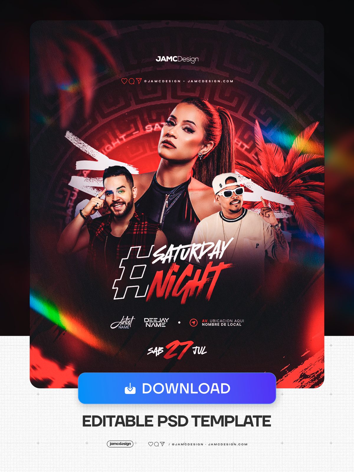 Saturday Party Flyer Template PSD. Editable PSD template for a Saturday night party flyer, featuring a dark composition with red light beams — Additional preview