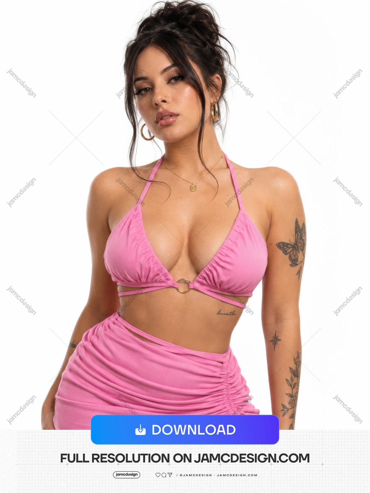 Woman With Tattoos In Pink Crop Top And Skirt Studio Portrait PNG. This PNG studio photo features a tattooed woman with dark hair in an updo — Additional preview