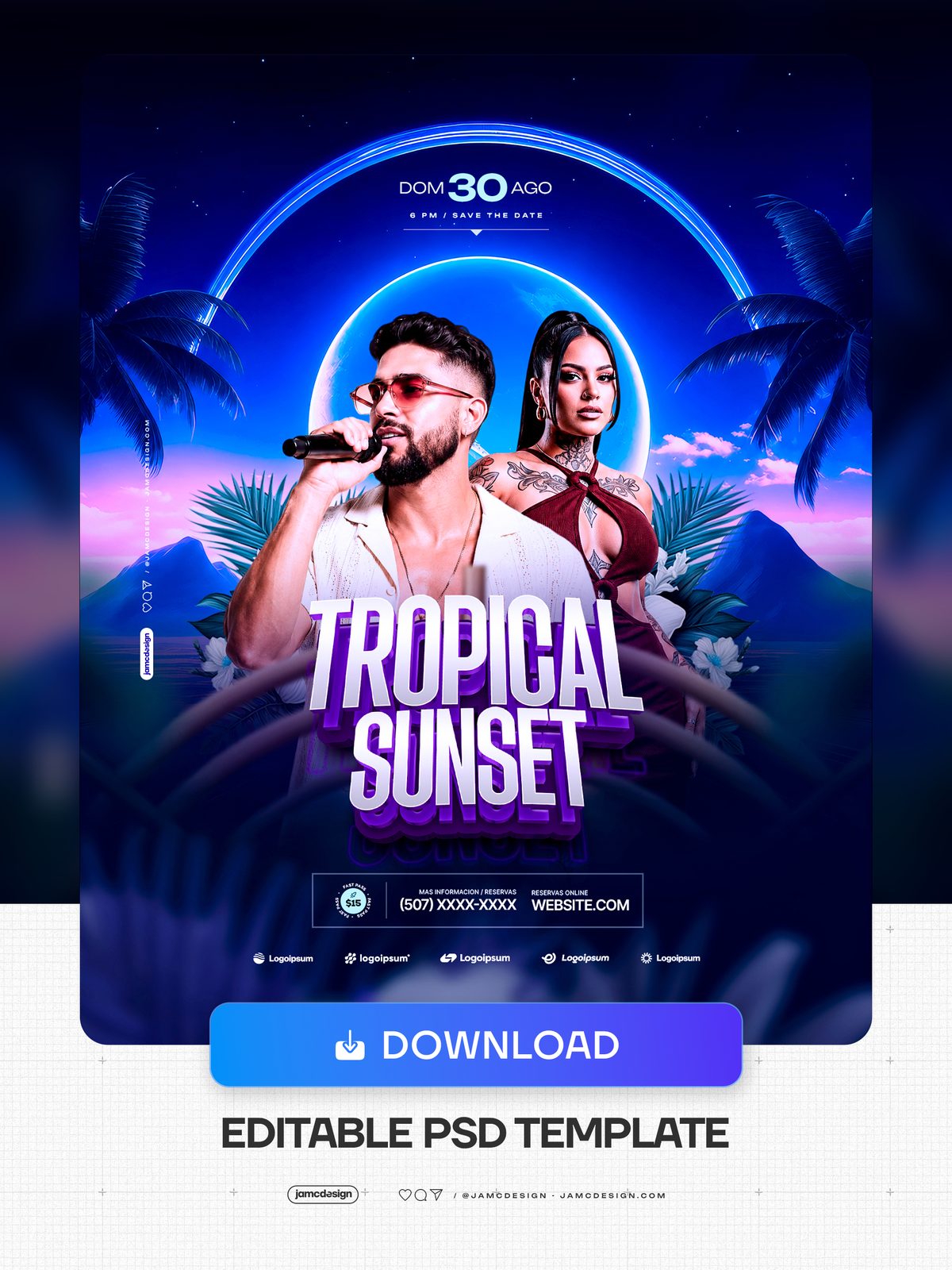 Tropical Sunset Event Flyer PSD With Neon Rings. Editable PSD template for a tropical sunset social media flyer with a blue and purple aesthetic — Additional preview