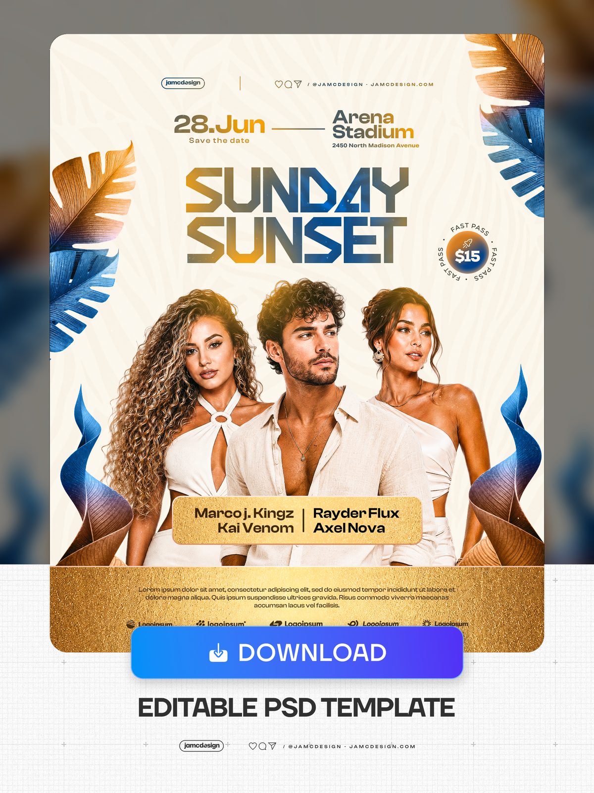 Plantilla De Flyer Diseño Atardecer De Verano PSD Editable. Plantilla de PSD editable para un flyer de evento de verano con una composición en color crema — Vista previa adicional