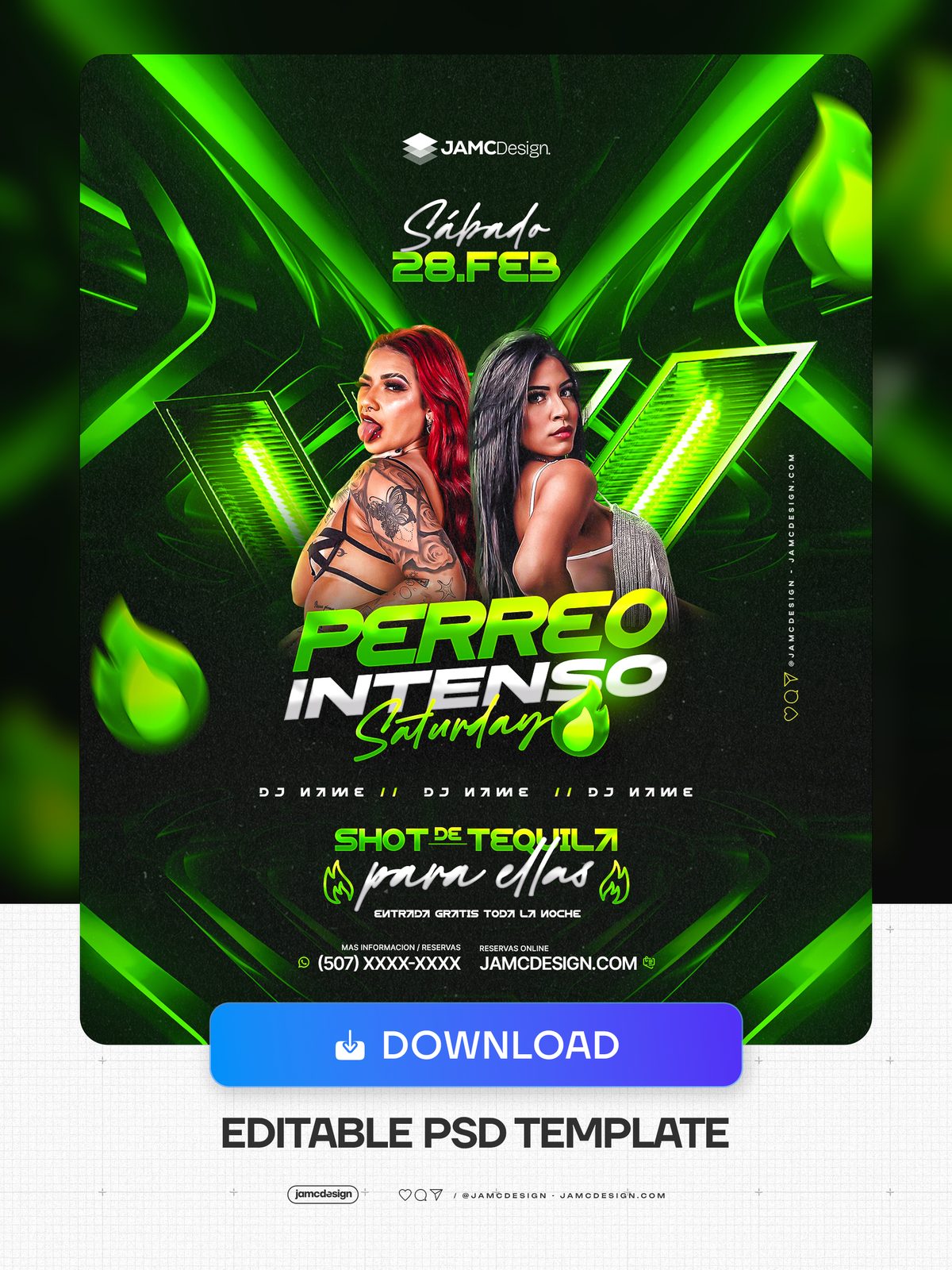 Perreo Intenso Flyer Template PSD. Editable PSD template for a perreo night event flyer featuring two female models, dark composition — Additional preview