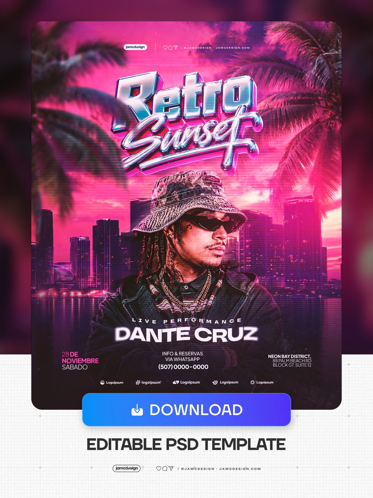 Plantilla De Flyer De Evento Retro Al Atardecer PSD. Descarga esta plantilla editable en PSD para un cartel de evento — Vista previa adicional
