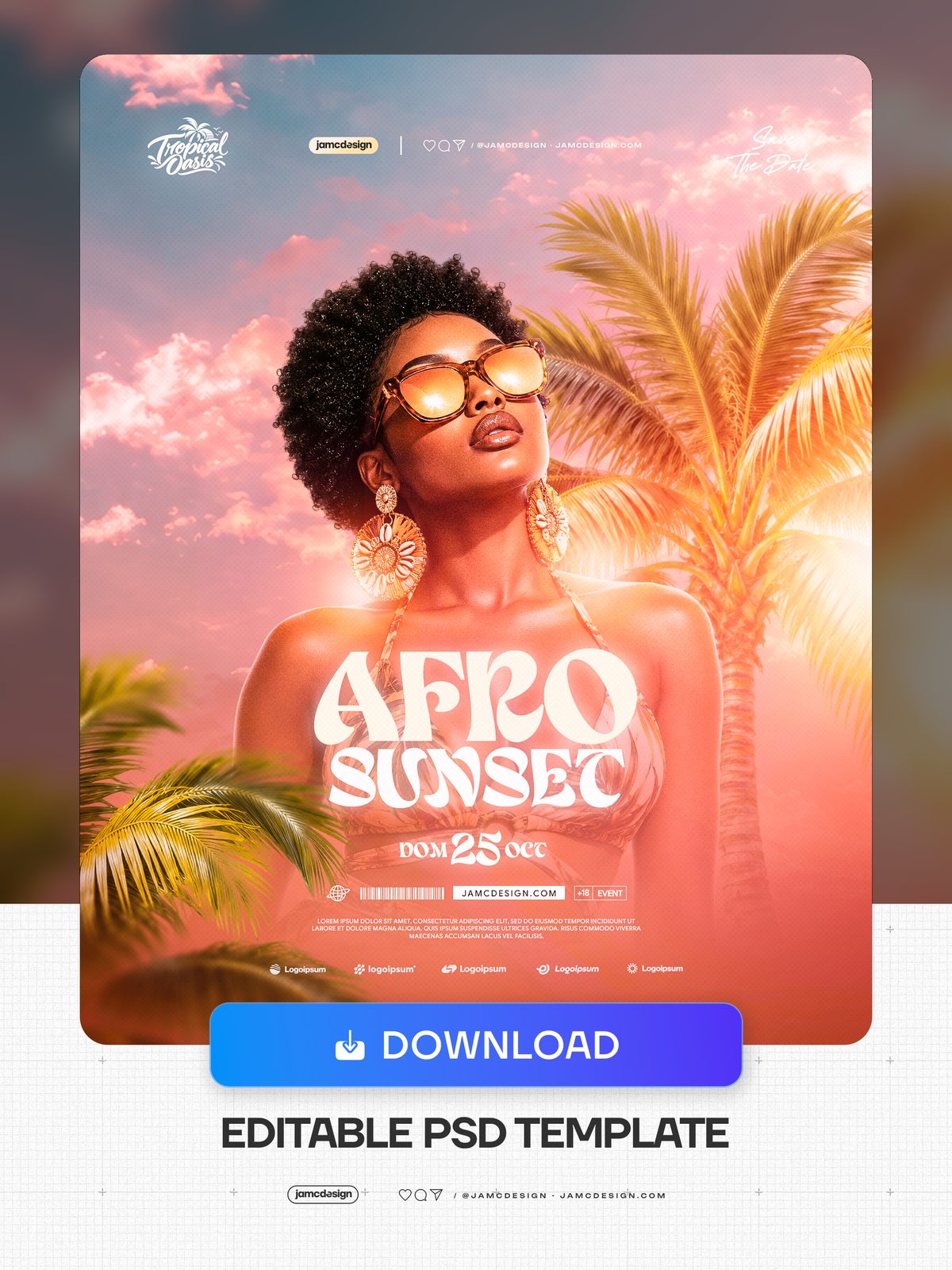 Afro Sunset Party Flyer Template PSD. Download this editable PSD event flyer template featuring a woman with natural afro hair and round sunglasses — Additional preview