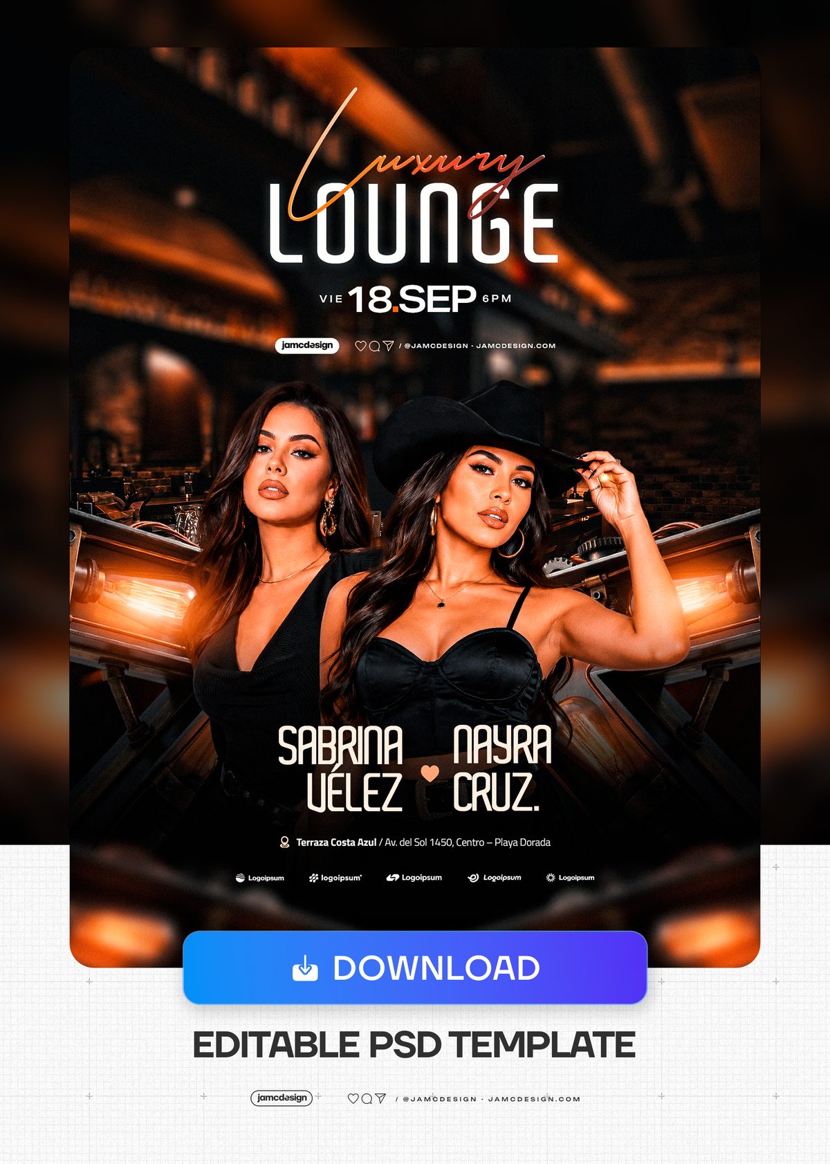 Elegant Nightlife Event Flyer Template PSD. This editable PSD event flyer features two women in a dark lounge interior with warm orange lighting and bold — Additional preview