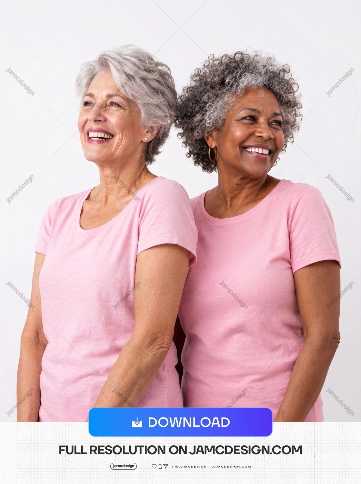 Two Older Women Smiling Side By Side. Download this JPG photo of two mature women smiling side by side in pink T shirts against a plain light background — Additional preview