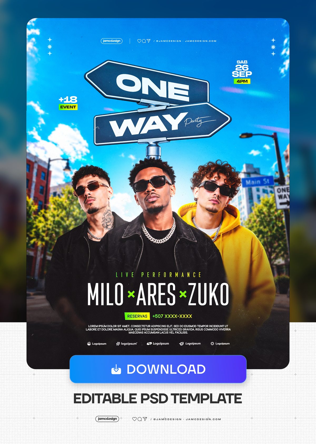 One Way Party Flyer Template PSD. Download this editable PSD event flyer template featuring three male performers beneath bold street signs — Additional preview