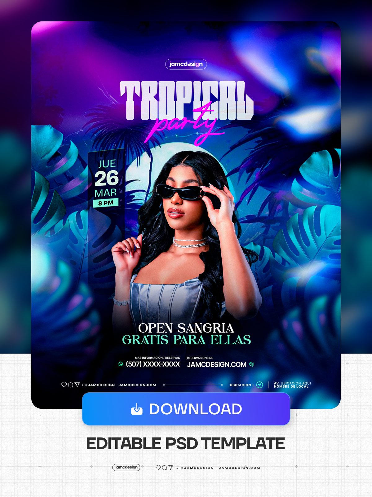 Tropical Party Flyer Template With Silver Corset PSD. Editable PSD template for a tropical party event flyer — Additional preview