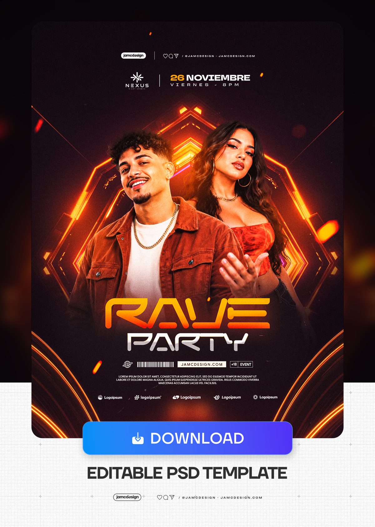Plantilla De Flyer Para Fiesta Rave Con Neón Naranja PSD. Este volante para evento en PSD combina a un hombre y una mujer con gráficos geométricos naranjas — Vista previa adicional