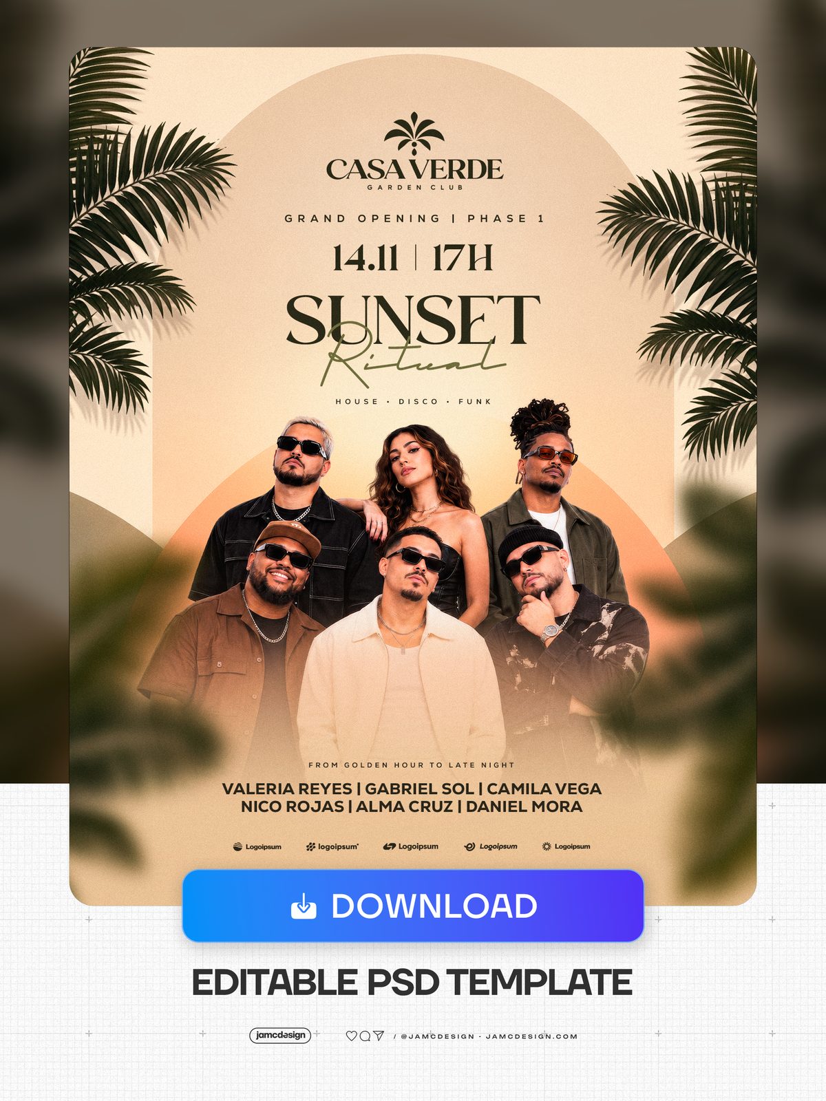 Modèle De Flyer Sunset Ritual Pour Fête Musicale PSD. Téléchargez ce modèle de flyer pour événement au format PSD, avec un rassemblement au coucher du soleil — Aperçu supplémentaire