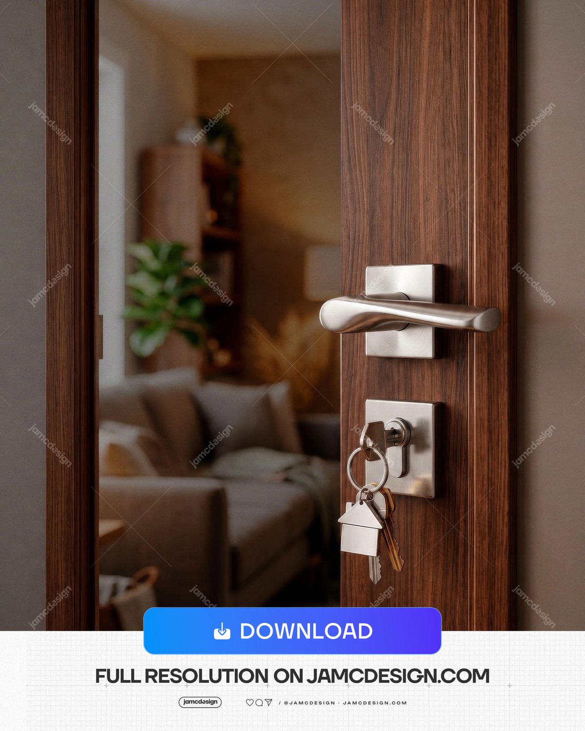 House Keys In Wooden Door Lock Real Estate Background. Photorealistic JPG background showing a partially open dark wooden door with a chrome handle — Additional preview