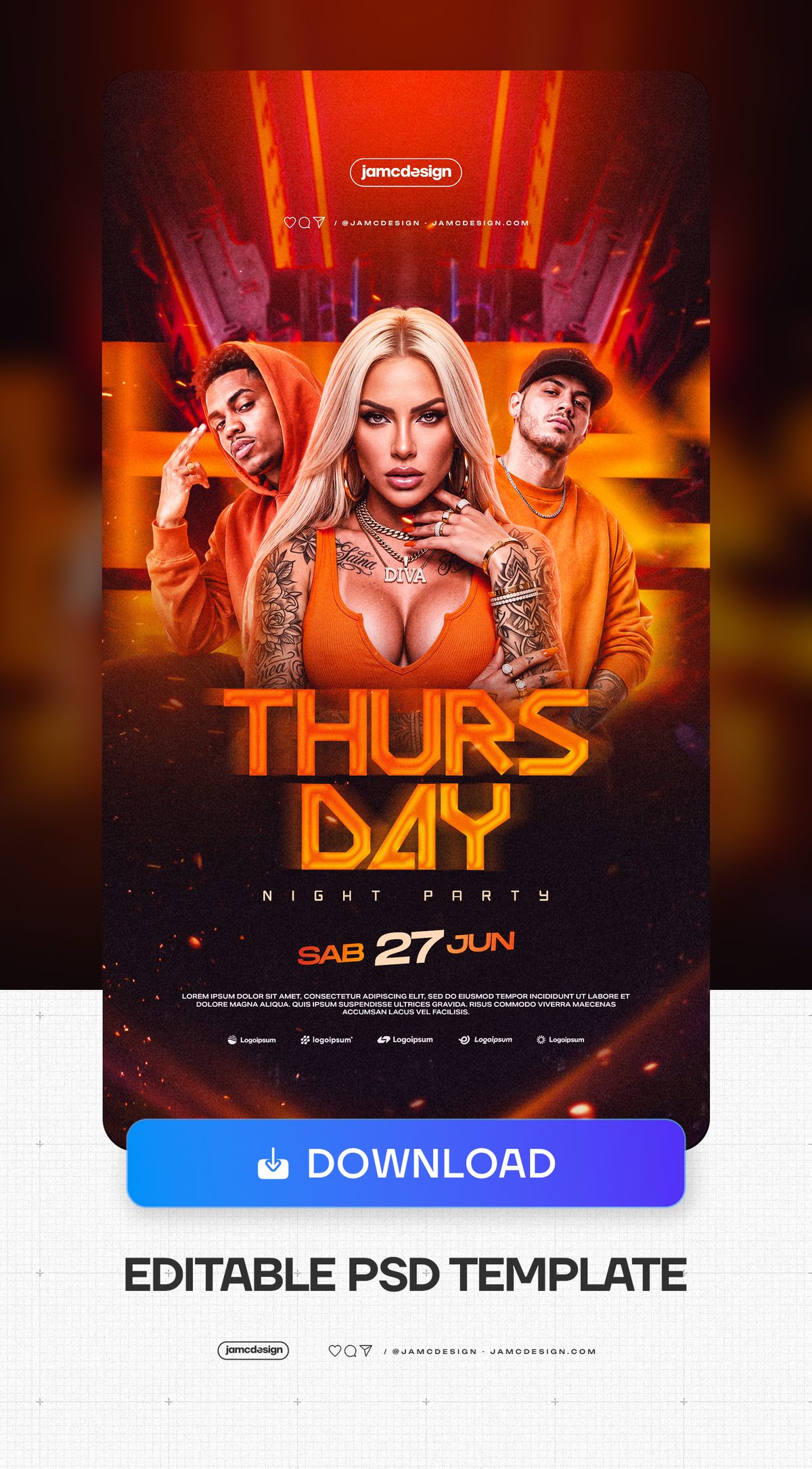 Flyer PSD De Fiesta Del Jueves Con Atuendos Naranjas. Plantilla de PSD editable para un flyer de fiesta de jueves por la noche — Vista previa adicional