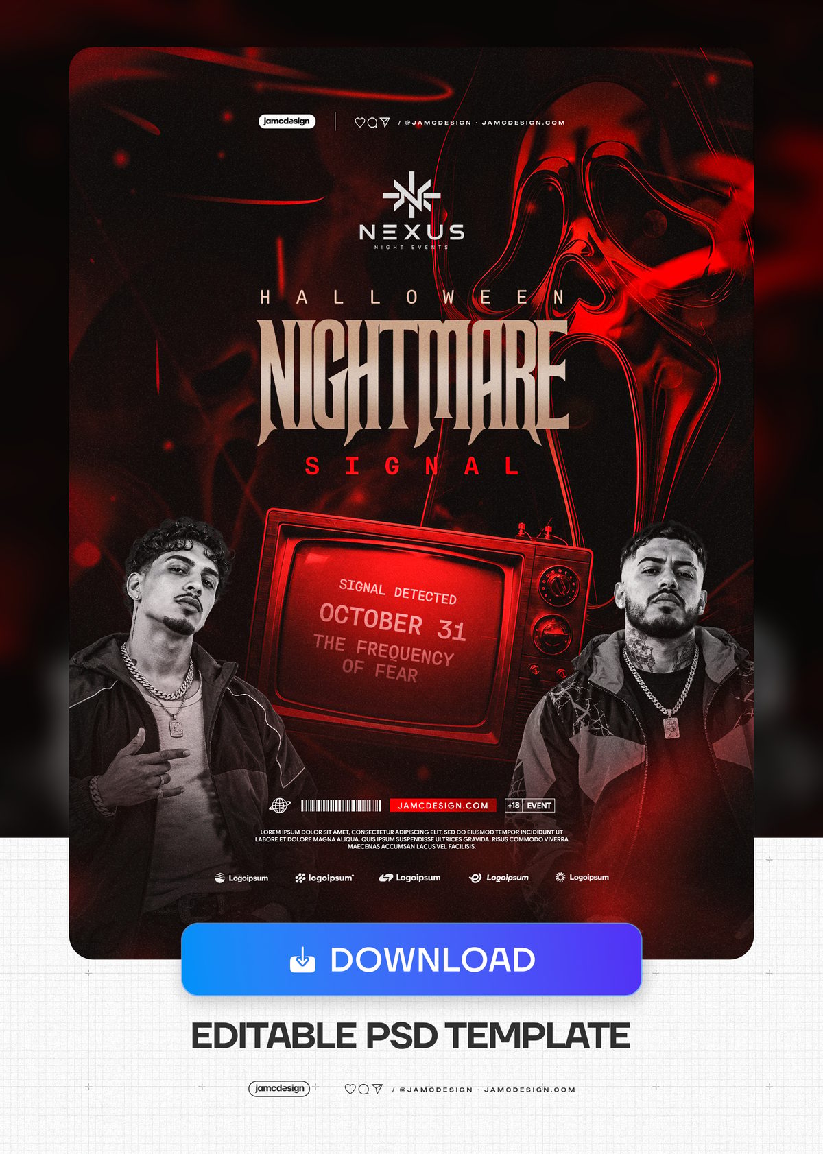 Halloween Television Flyer Template PSD. This editable PSD event flyer uses a Halloween horror theme, with two male figures — Additional preview