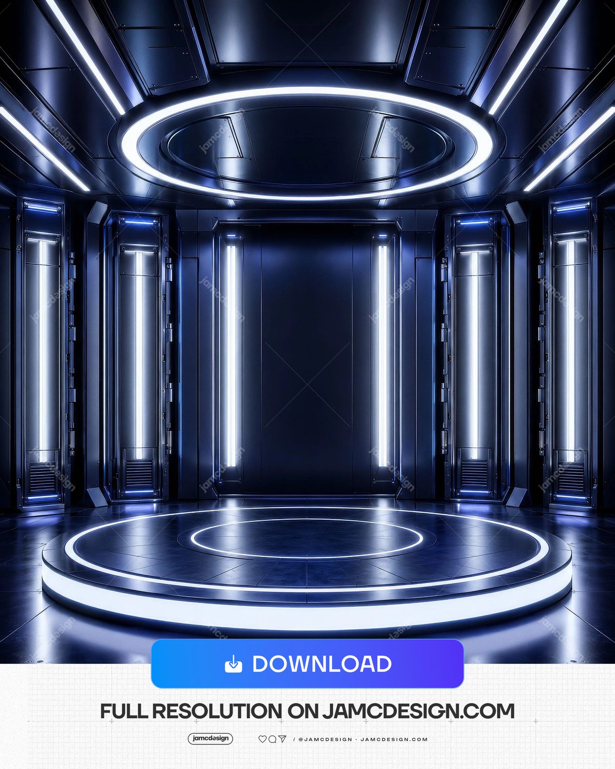 White Blue Futuristic Neon Sci Fi Stage Background. JPG background of a futuristic stage interior with a circular platform — Additional preview