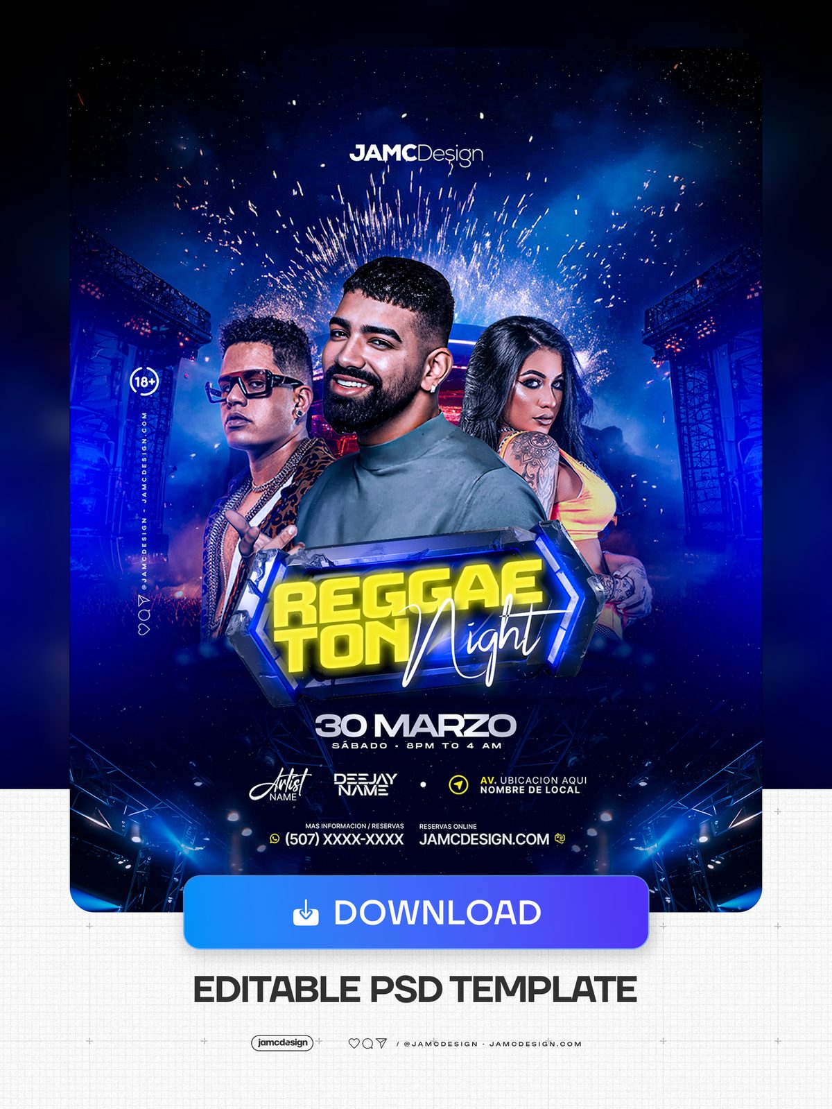 Reggaeton Party Flyer Template PSD. Editable PSD template for a reggaeton party flyer set against a dark blue stage scene with overhead truss, blue spotlights — Additional preview