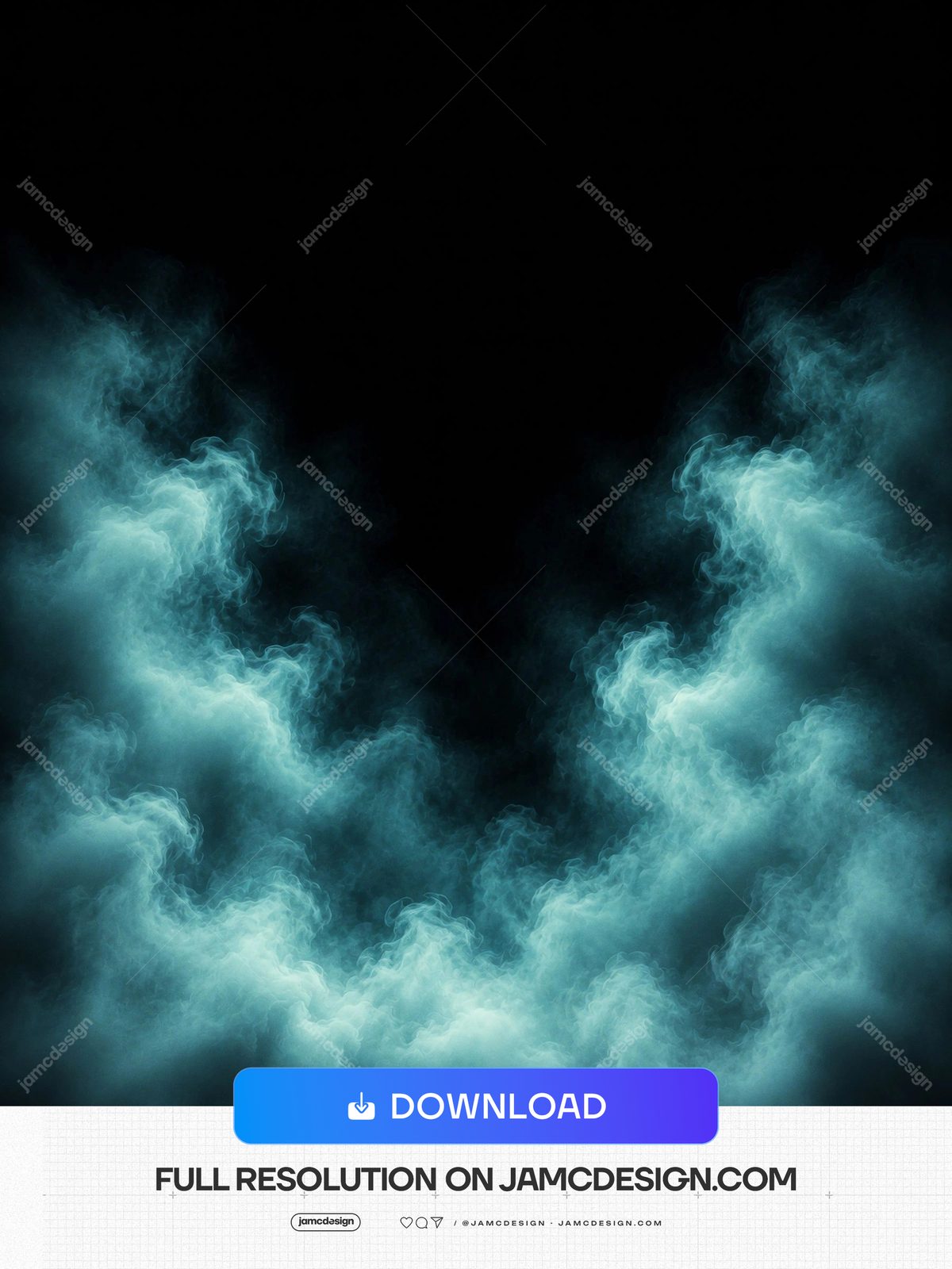 Teal Smoke Clouds Framing Dark Copy Space Vertical Black Center. This JPG overlay texture shows luminous teal smoke clouds curling around a broad black center — Additional preview