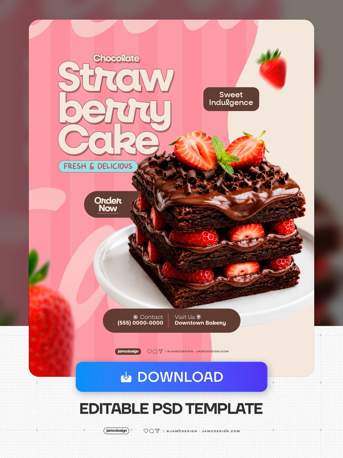 Modèle De Flyer Gâteau Chocolat Fraise PSD Modifiable. Modèle PSD modifiable pour un flyer de réseau social sur un gâteau au chocolat et fraises — Aperçu supplémentaire