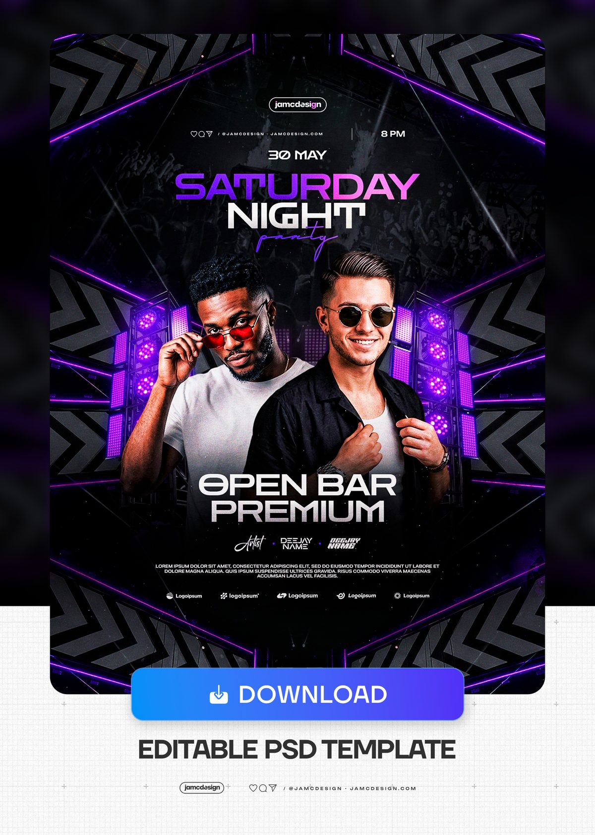 Modelo PSD De Flyer Para Festa De Sábado. Modelo de PSD editável para um flyer de festa de sábado à noite, com composição escura — Prévia adicional