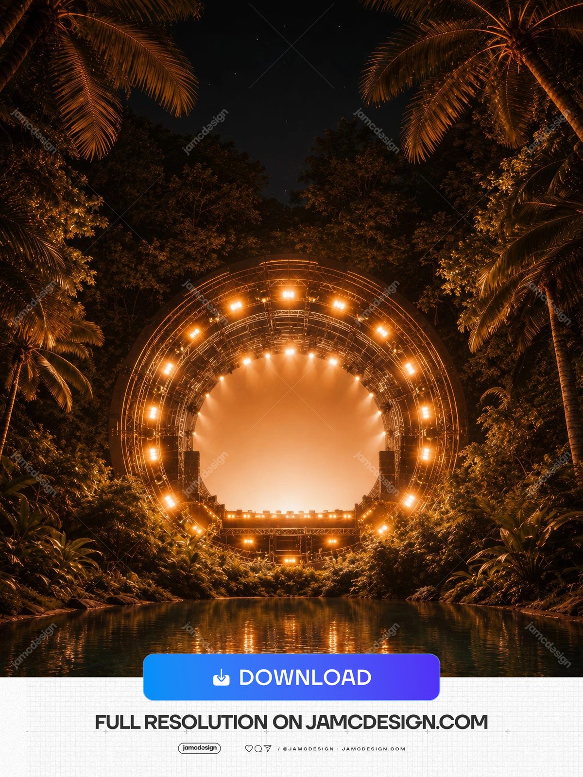 Amber Jungle Concert Stage Glowing Arch Background JPG. JPG background showing an amber lit concert stage framed by dense jungle foliage and palm trees — Additional preview