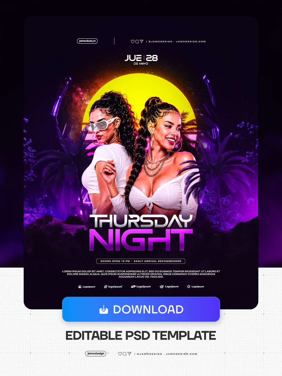 Modelo PSD De Flyer De Balada Na Quinta-Feira. Modelo PSD editável para um flyer de clube de quinta à noite com uma composição em roxo escuro e magenta — Prévia adicional