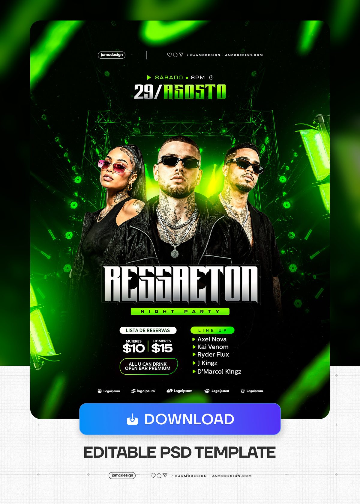 Modelo De Flyer Design Festa De Reggaeton Noturno PSD Editável. Modelo PSD editável para um flyer de festa de reggaeton noturno, com composição escura — Prévia adicional