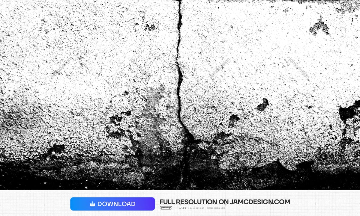 Black And White Cracked Concrete Wall Texture PNG. Download this PNG texture of a cracked concrete wall, rendered in stark black and white with coarse grain — Additional preview