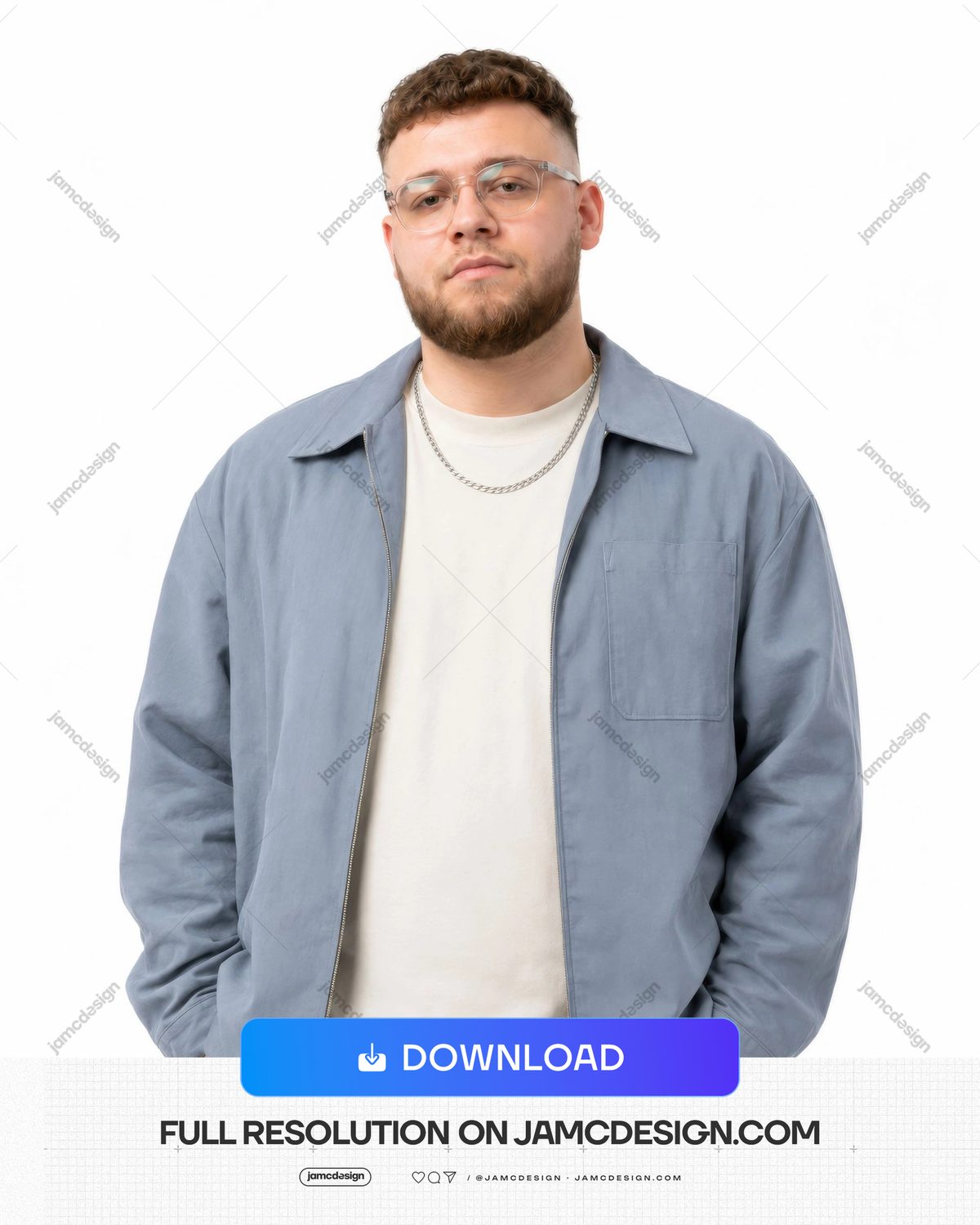 Male Artist Blue Jacket Studio Bearded Casual Figure Portrait JPG. This JPG photo presents a bearded man in glasses wearing a blue jacket over a light shirt — Additional preview