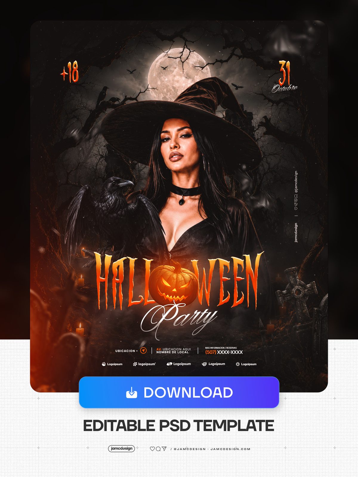Modelo De Flyer De Festa Halloween Com Retrato De Bruxa Sombria PSD. Modelo de flyer de evento em PSD editável para uma festa de Halloween — Prévia adicional