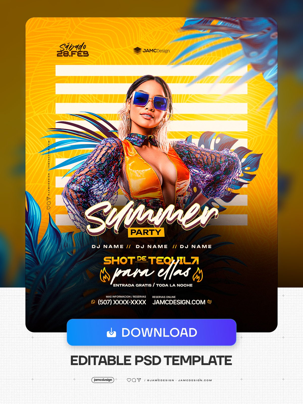 Summer Party Flyer PSD With Yellow Background. Editable PSD template for a summer party flyer with a vivid yellow background — Additional preview