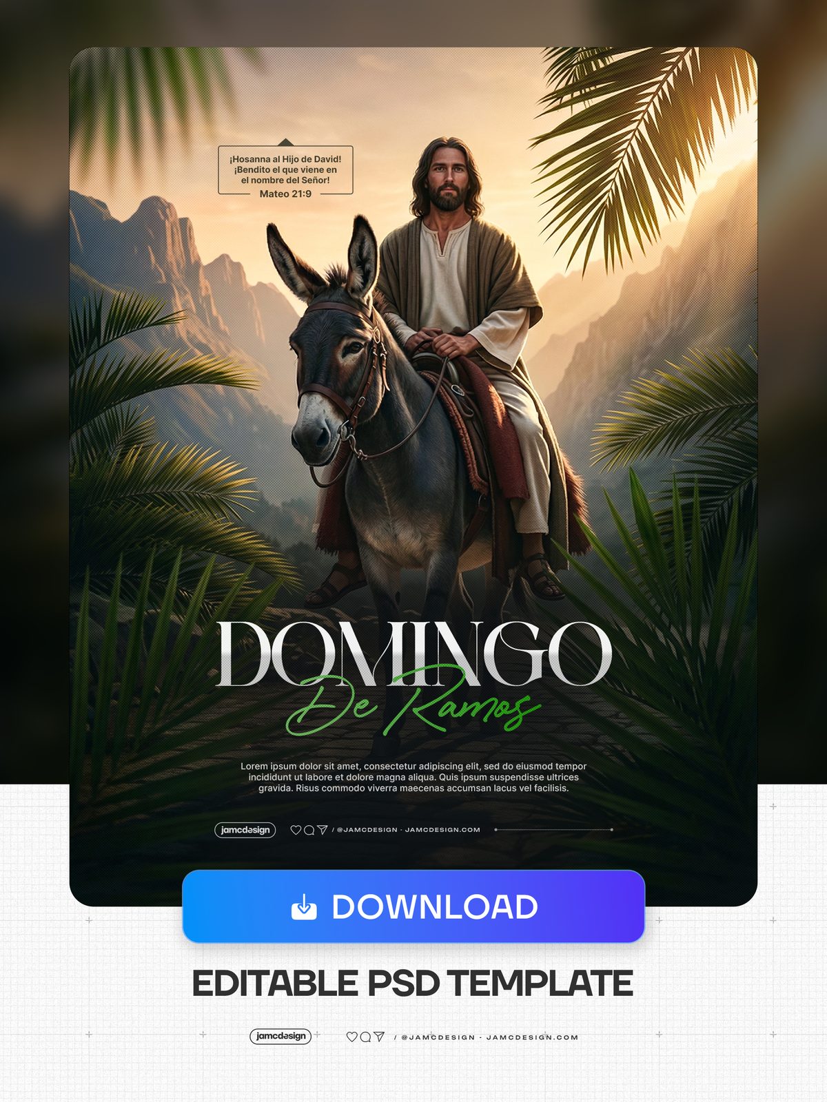 Domingo De Ramos Flyer Template PSD. Editable PSD template for a Palm Sunday religious event flyer, with a cinematic golden light setting — Additional preview