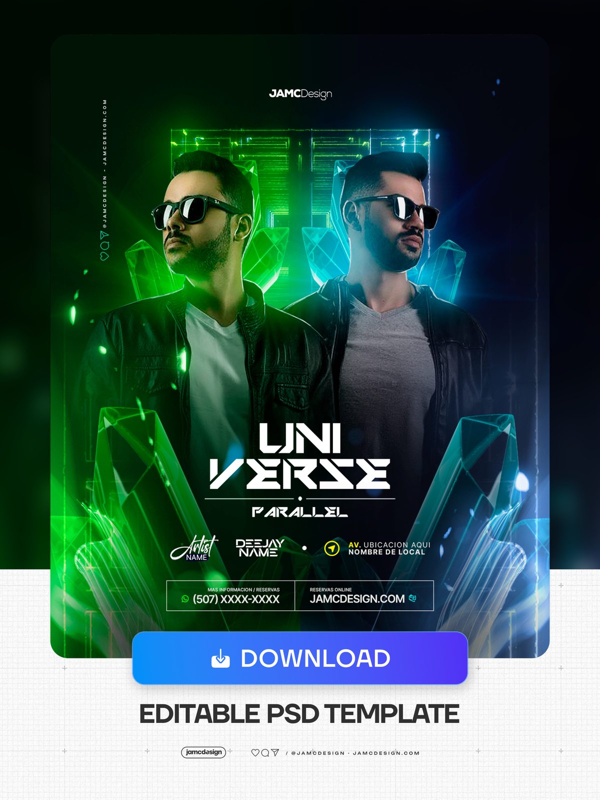 Universe Parallel Flyer Template PSD. Editable PSD template for a nightlife event flyer with a futuristic composition featuring two men in sunglasses — Additional preview