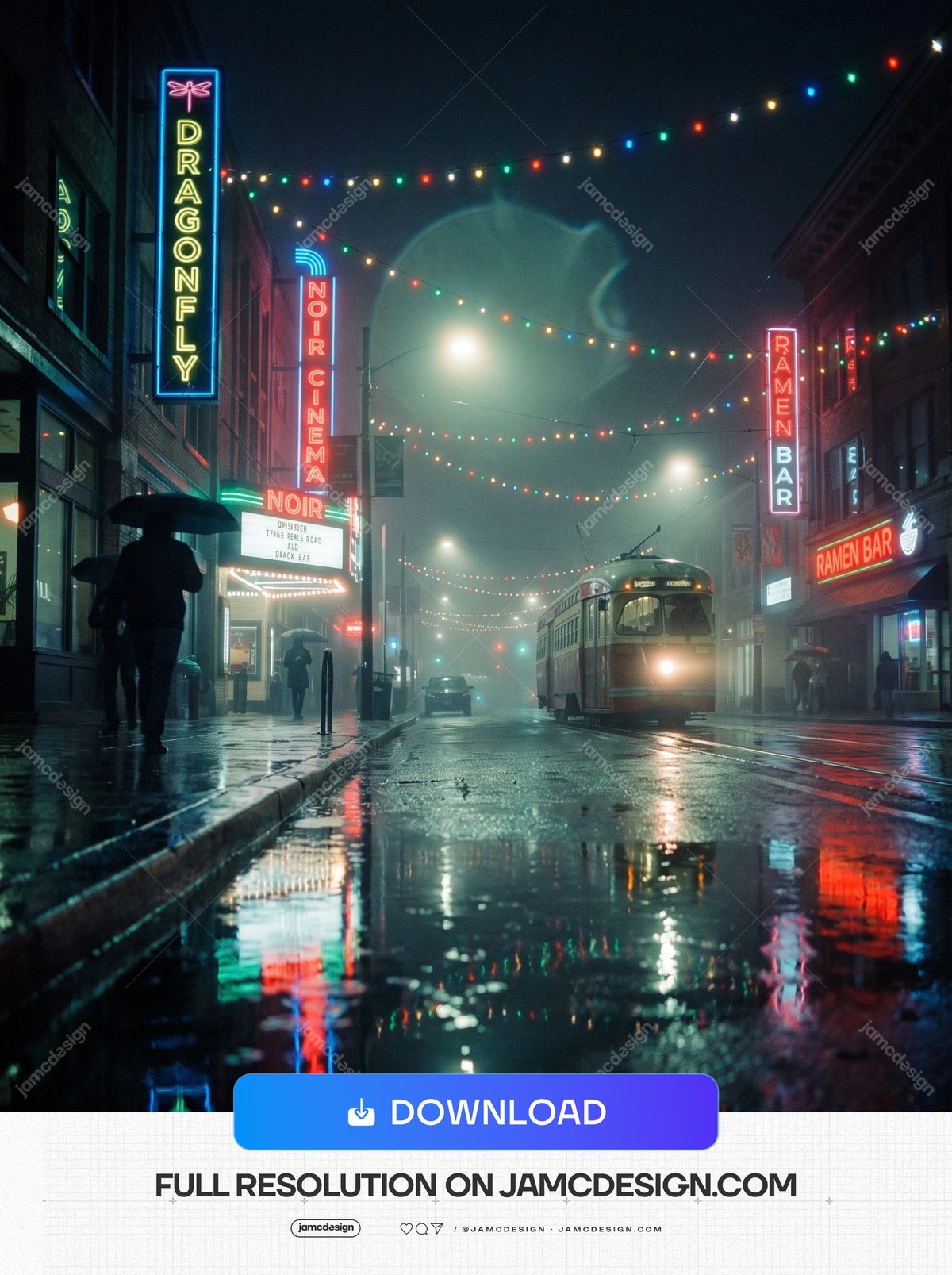 Rainy New Year's Eve City Street With Tram And Lights. Download this JPG photo of a rainy city street at night, showing a tram, pedestrians — Additional preview