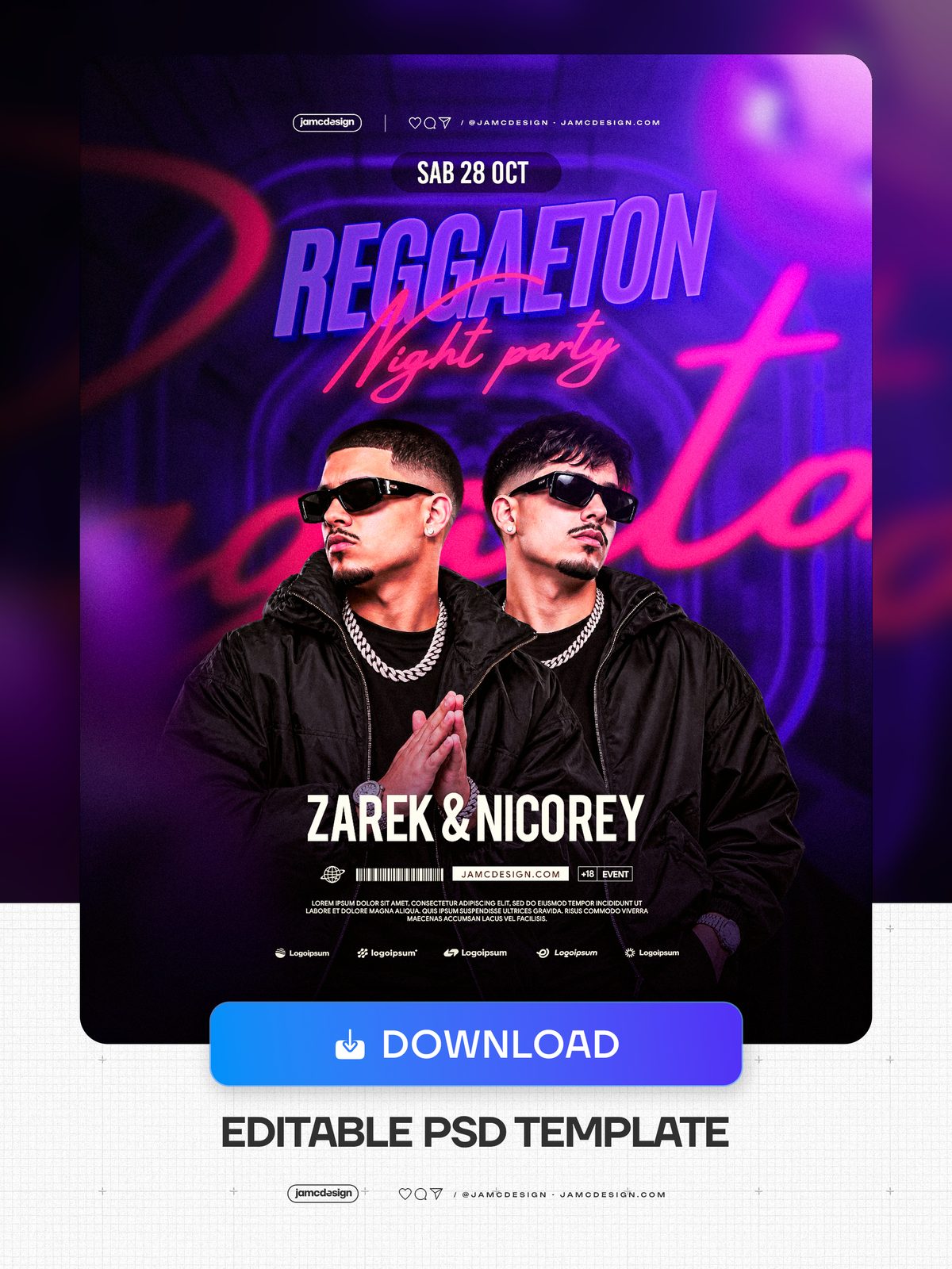 Modèle PSD De Flyer De Soirée Reggaeton Au Néon Violet. Modèle de flyer d’événement PSD modifiable pour une soirée Reggaeton — Aperçu supplémentaire
