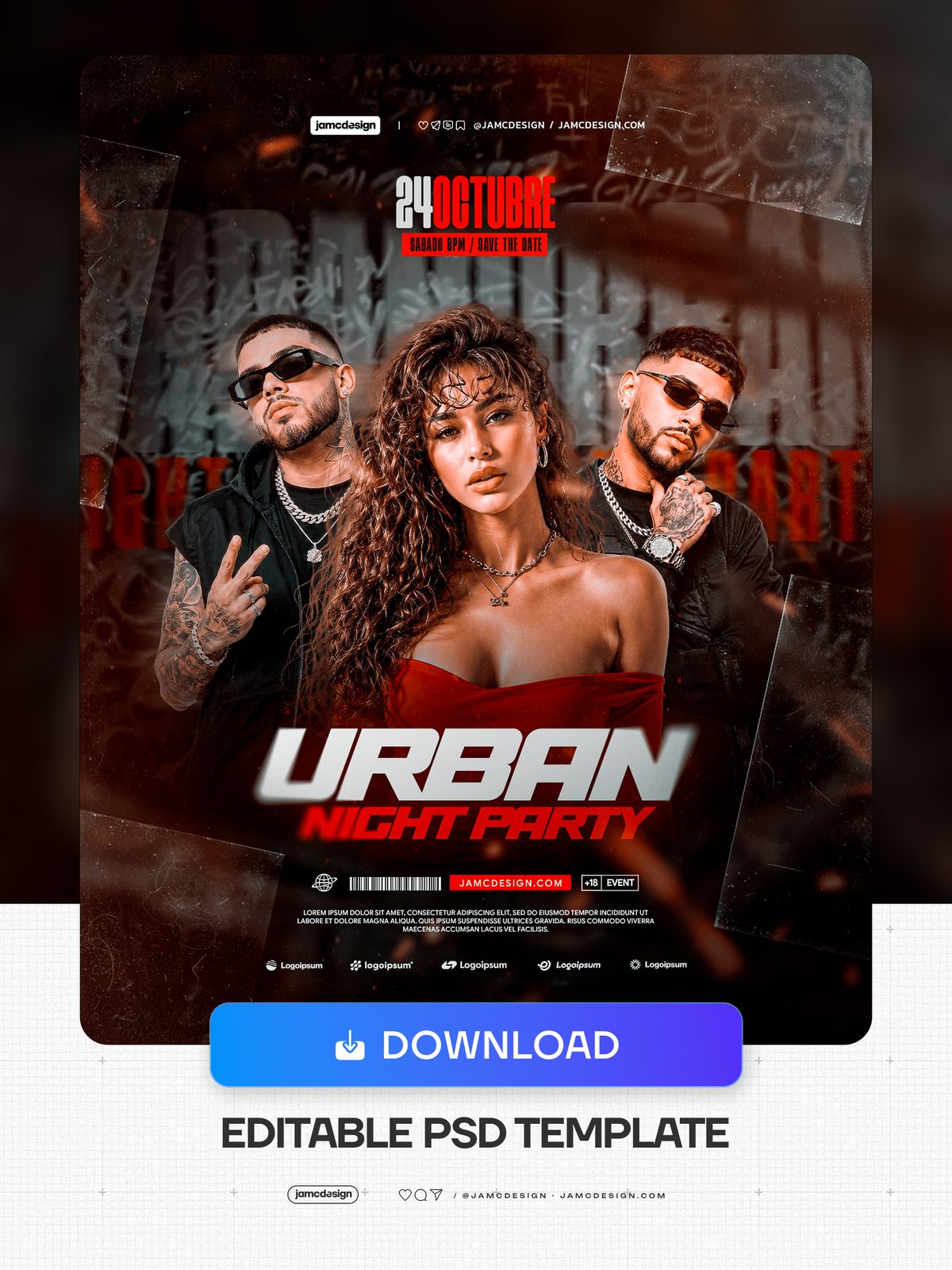 Bold Typography Urban Party Flyer Template PSD. Download this editable PSD event flyer template featuring a woman between two men — Additional preview