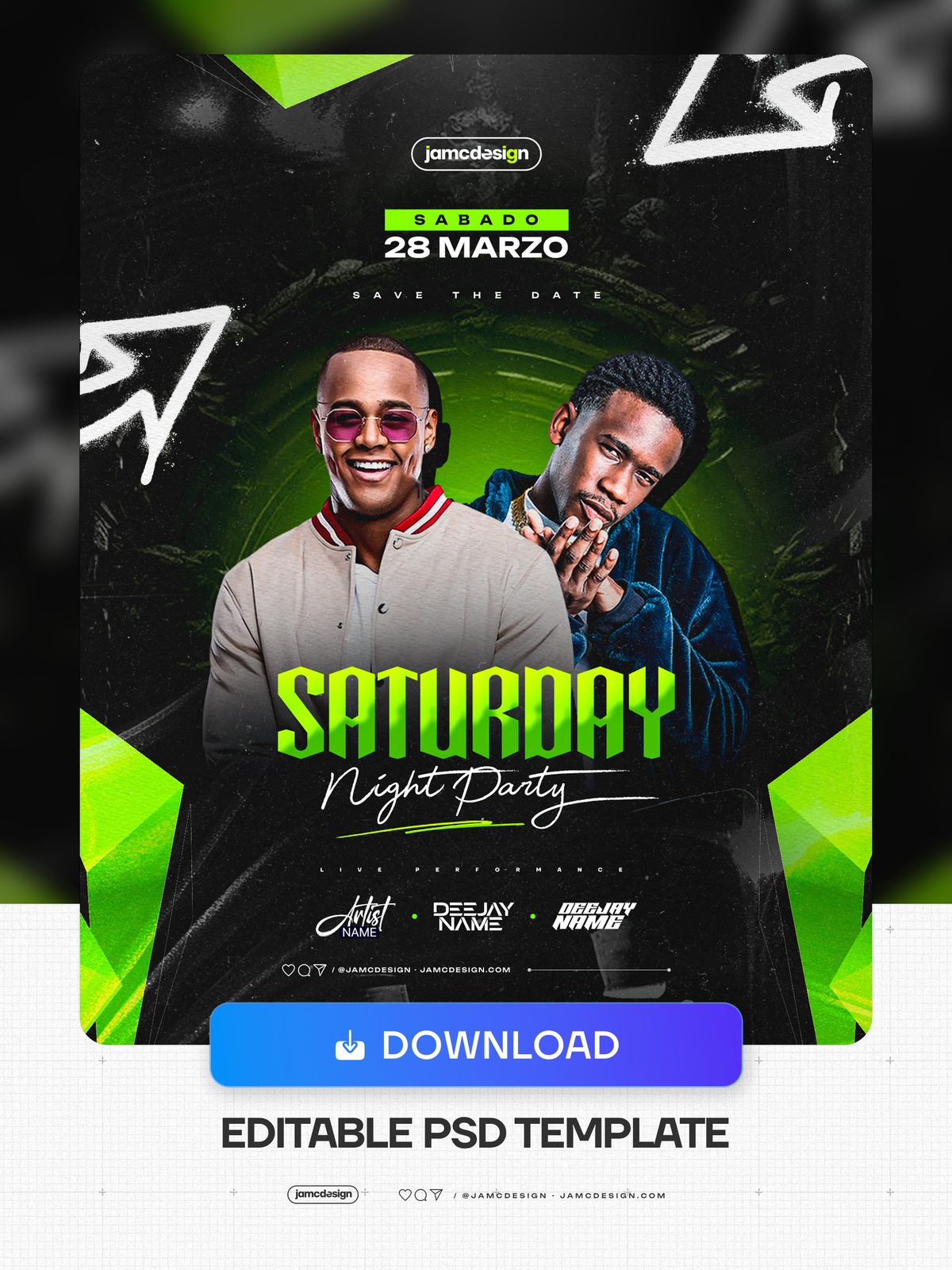 Saturday Night Neon Male Duo Party Flyer PSD. Editable PSD template for a Saturday night party flyer with a dark grungy background, two male figures — Additional preview
