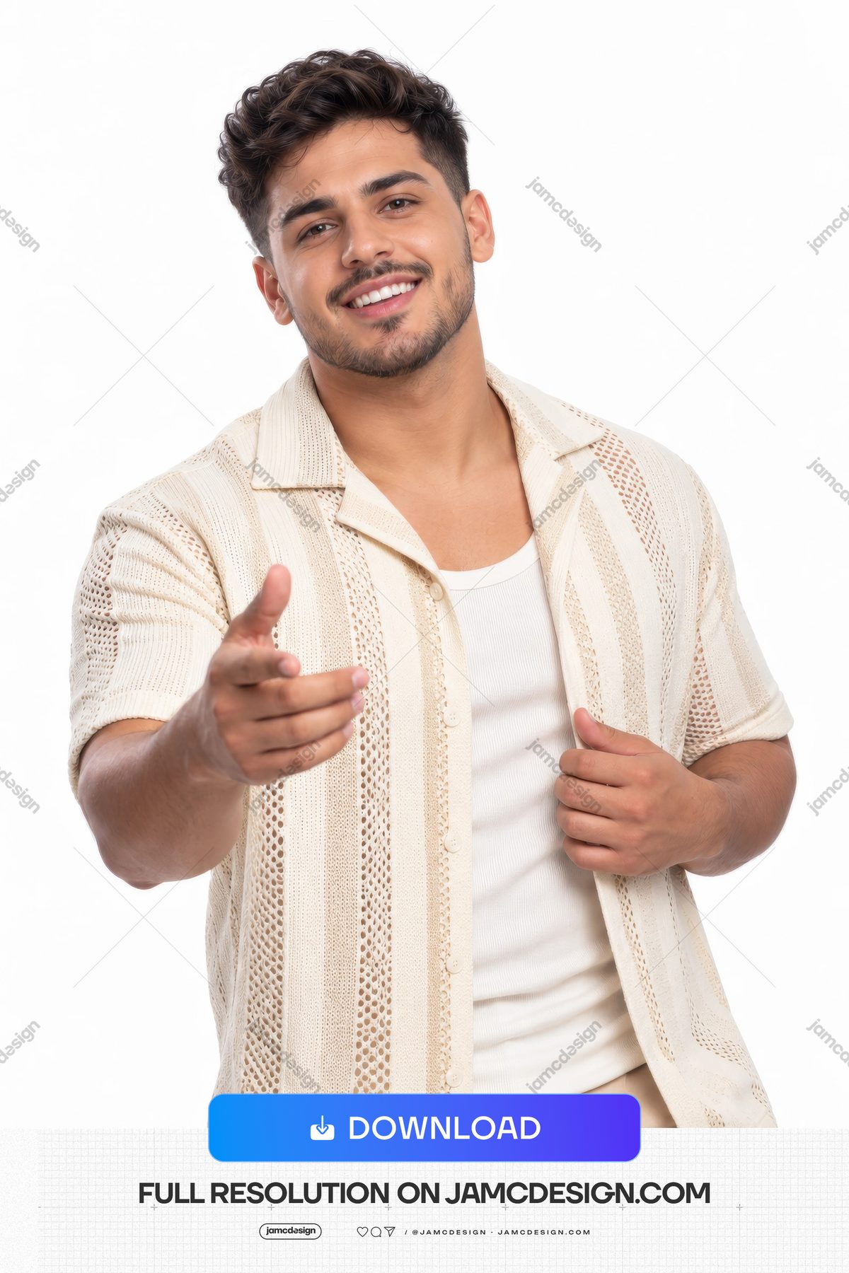 Smiling Bearded Man In Cream Crochet Shirt PNG. This PNG photo features a smiling bearded man in a cream open knit shirt over a white top — Additional preview