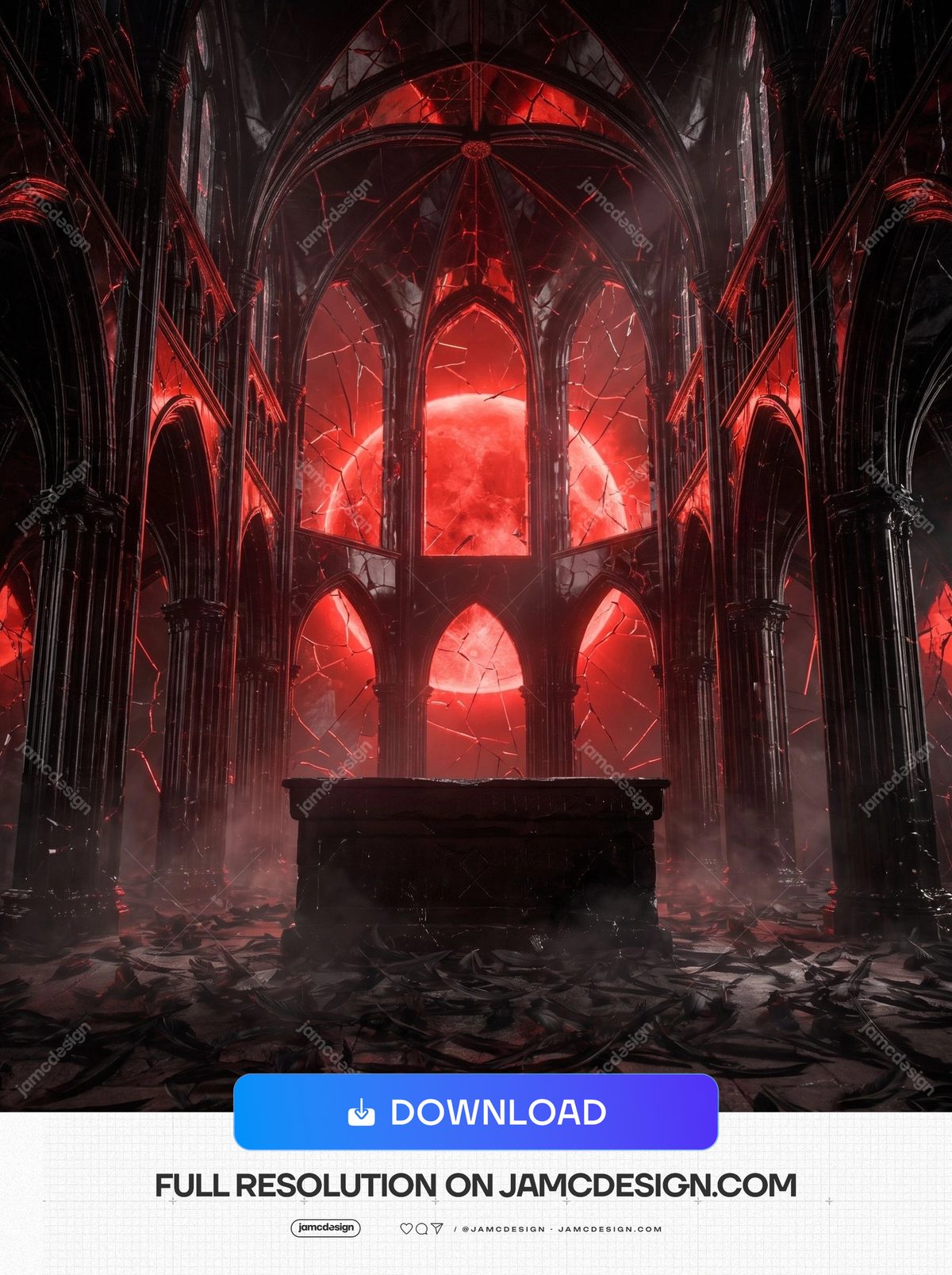 Red Moon Gothic Cathedral Interior Dark Cathedral Interior. JPG background showing a dark gothic cathedral interior with towering pointed arches — Additional preview