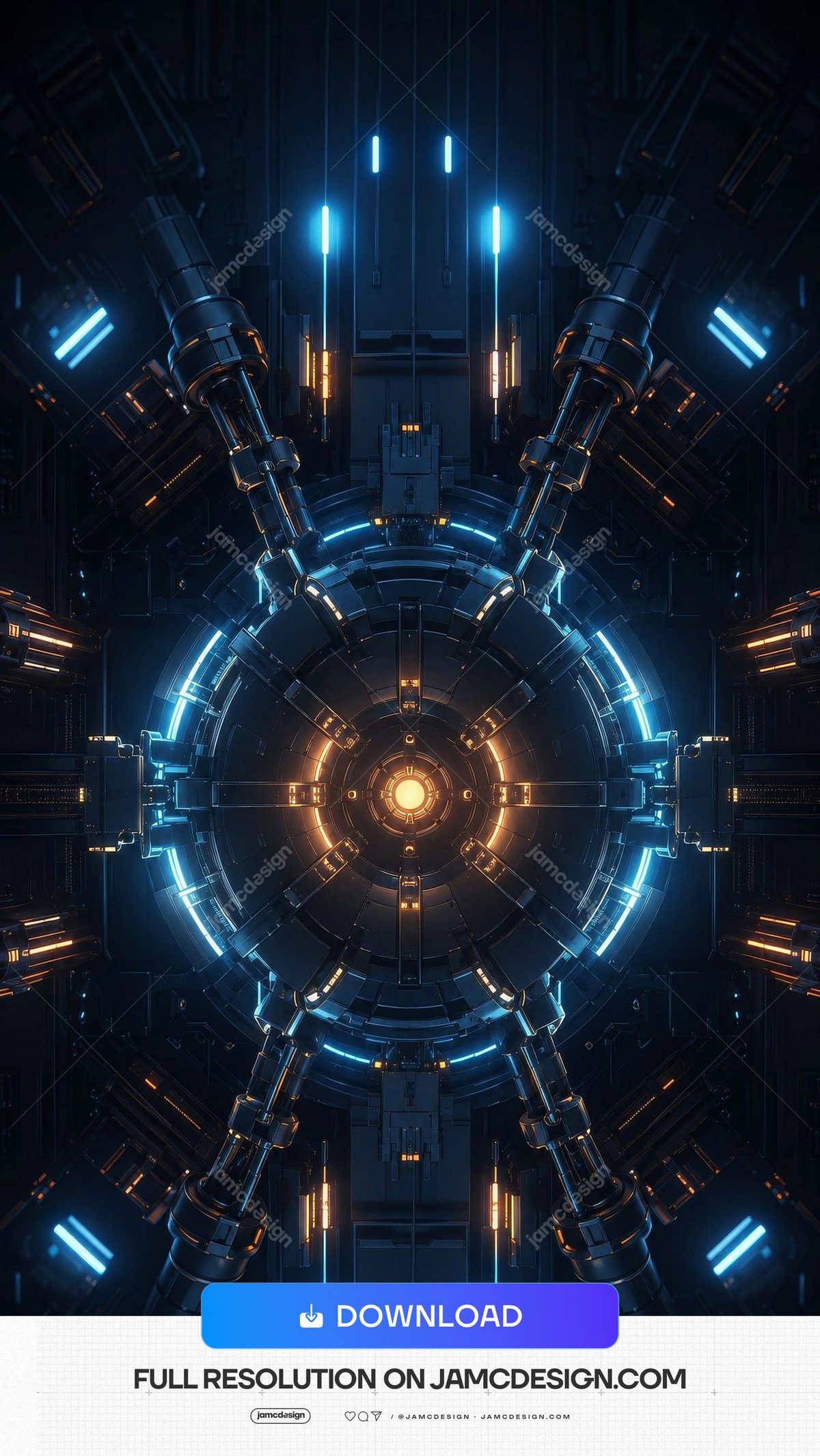 Glowing Mechanical Reactor Core Sci Fi Background. JPG background of a glowing mechanical reactor core in a sci-fi interior, with concentric dark metal rings — Additional preview