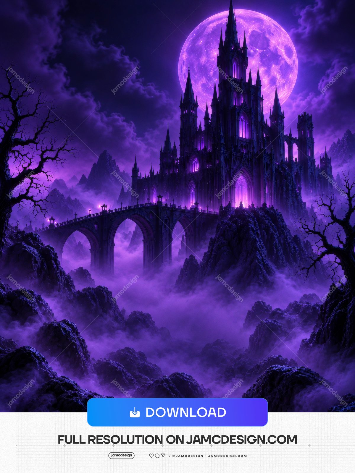 Purple Gothic Castle Under Full Moon Halloween Background PNG. This PNG background shows a towering gothic castle beneath a full moon — Additional preview