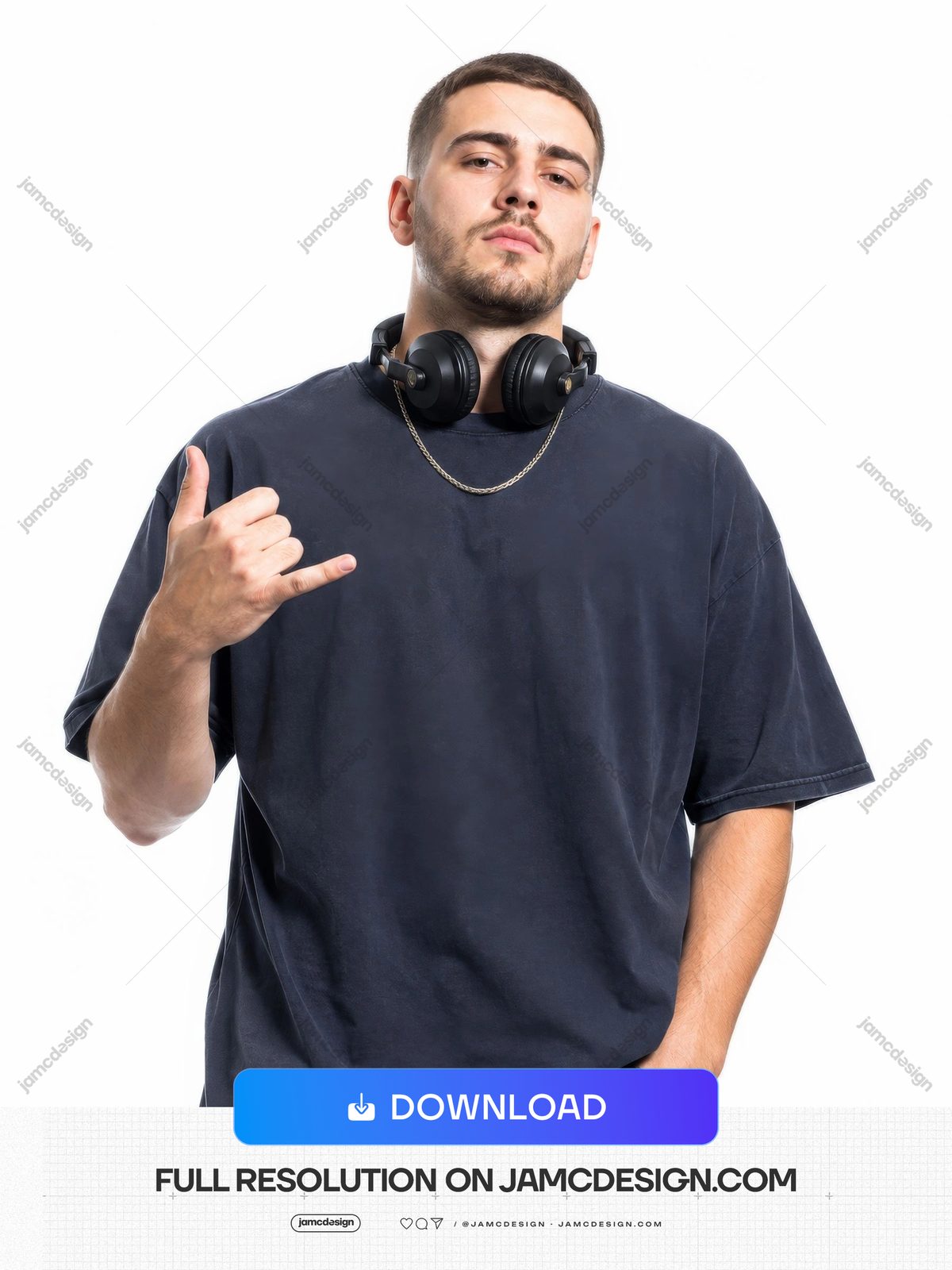 DJ Artist Dark Oversized Shirt Studio Headphone Figure Portrait JPG. JPG photo of a man in a dark oversized shirt with headphones around his neck — Additional preview