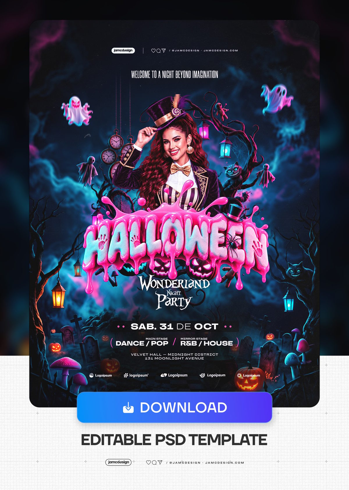 Halloween Party Flyer PSD With Ghosts And Lanterns. Download this editable PSD event flyer for a Halloween party — Additional preview
