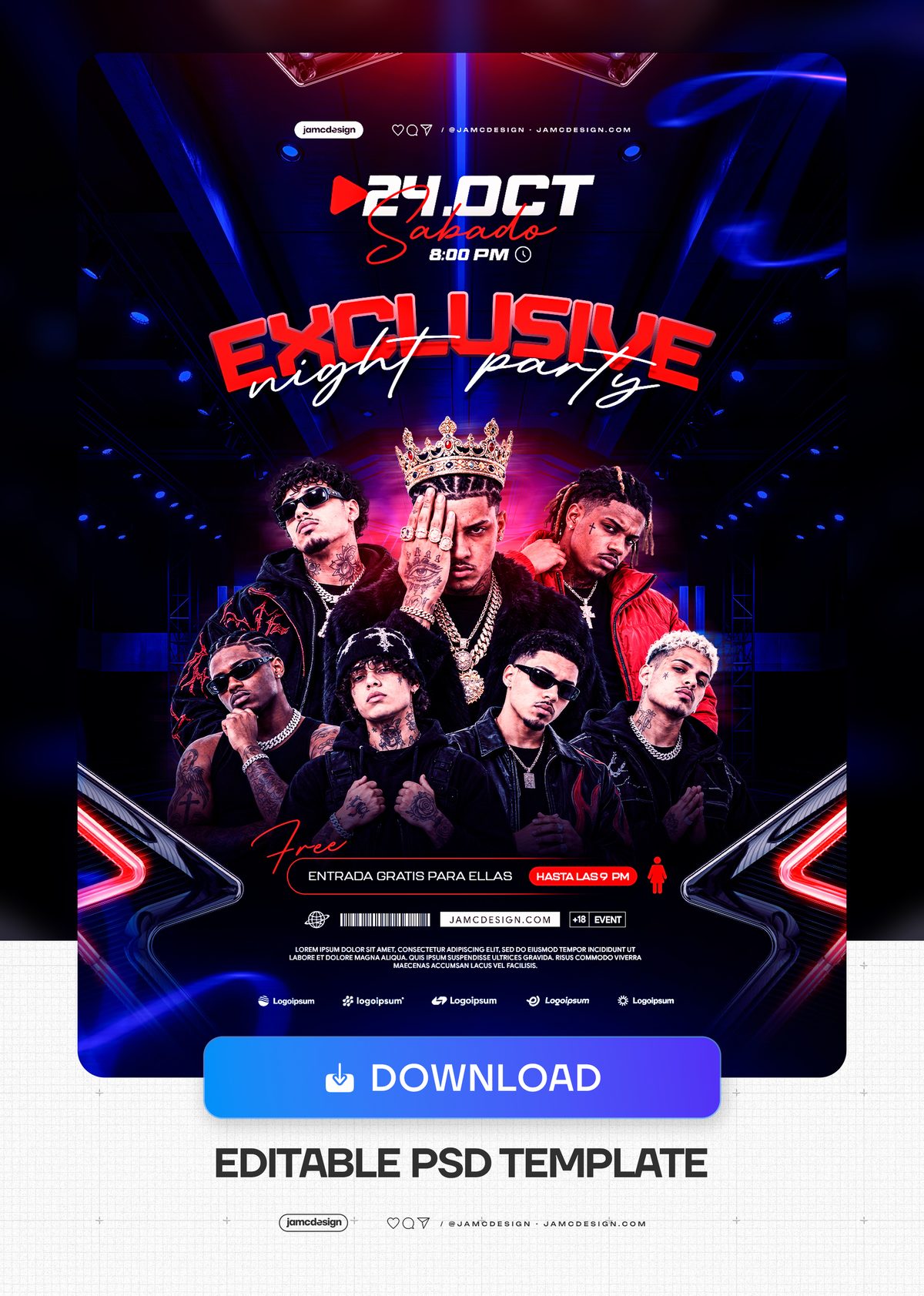 Neon Lights Night Party Flyer Template PSD. This editable PSD event flyer features a group of men surrounding a crowned central figure — Additional preview