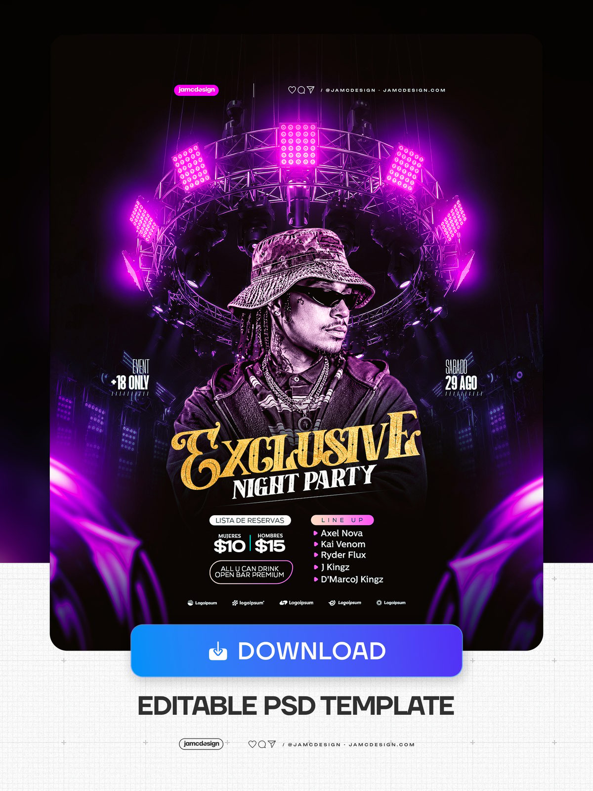 Modelo PSD De Flyer Para Festa Noturna Exclusiva. Modelo de PSD editável para um flyer exclusivo de festa noturna com composição escura — Prévia adicional