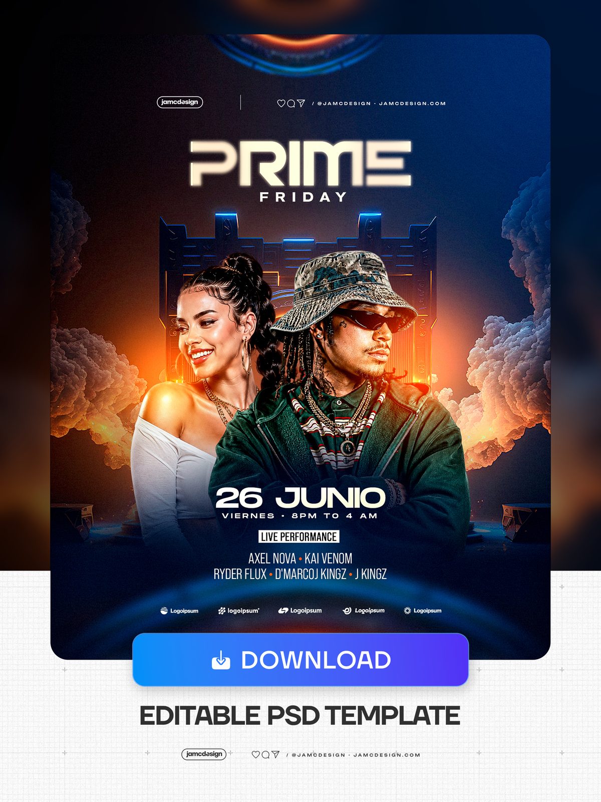 Plantilla PSD De Flyer Para Evento Prime Friday. Plantilla de PSD editable para un flyer de evento de viernes por la noche con una composición oscura — Vista previa adicional